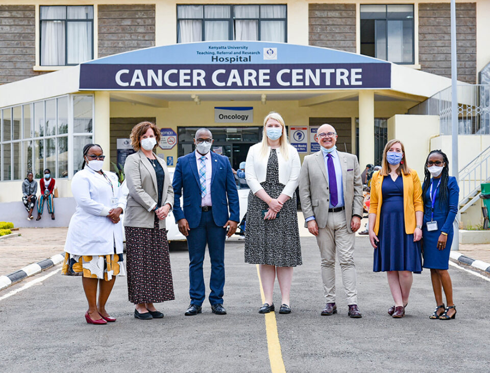 MCRC visiting KUTRRH in June to further develop collaborations. MCRC team meeting with the KUTRRH team in front of the new Cancer Centre